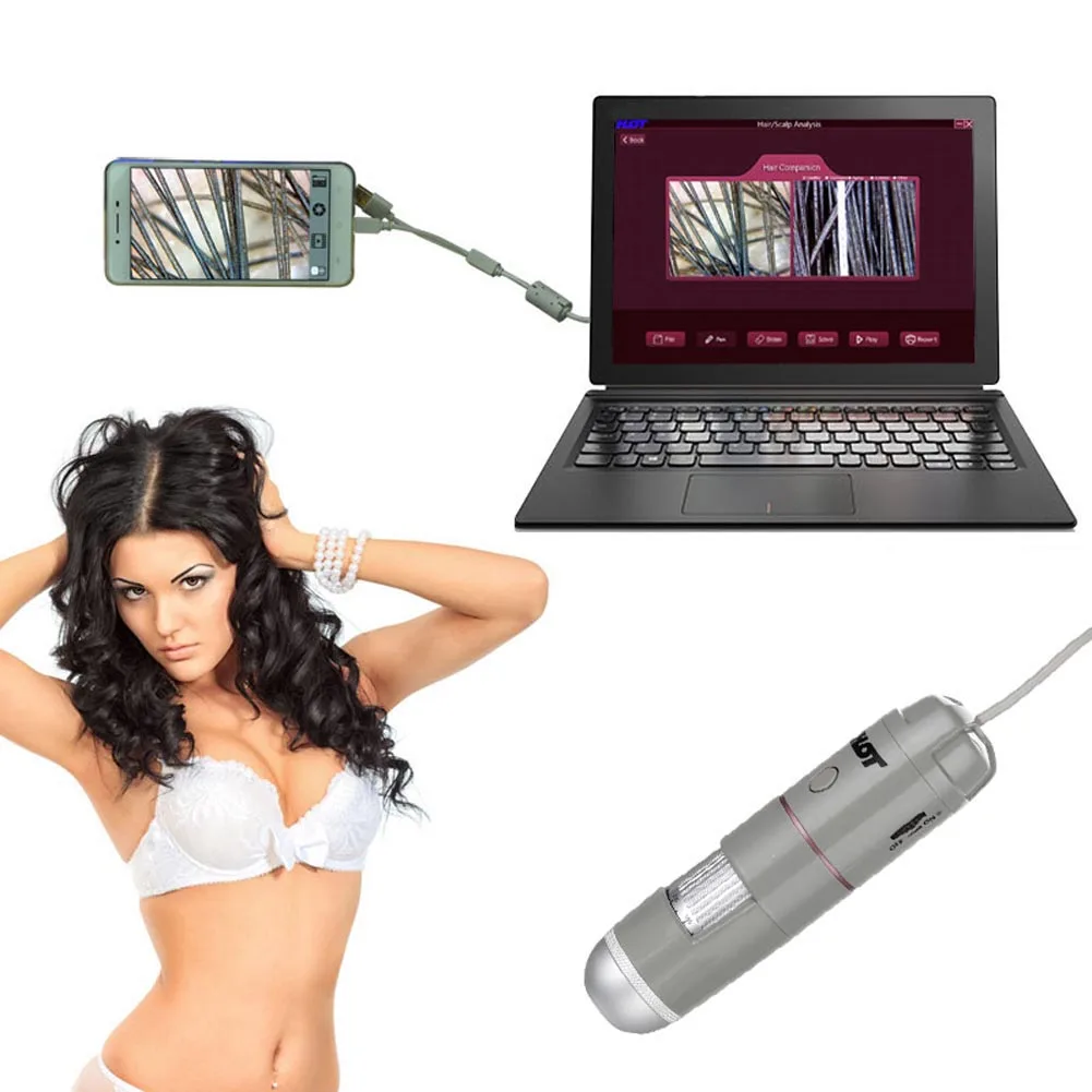 

High Quality 5X-200X Magnifier 8LED USB Digital Scalp Hair Microscope Skin Detector Analyzer OTG Camera with Base For Lady FM88