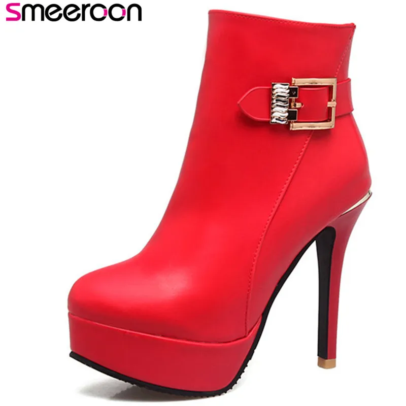 

Smeeroon autumn winter boots zip+buckle platform shoes ankle boots for women super high heels women boots big size 33-43
