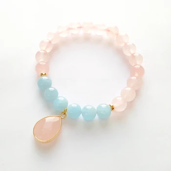 

LiiJi Unique Natural Rose quartz Aquamarine 925 Sterling Silver Gold Color Elegant Bracelet Nice Gift For Women