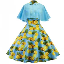 S 1950 S Винтаж комплект из 2 предметов платья для женщин для принт лимон спинки лоскутное Питер Пэн воротник трапециевидной формы