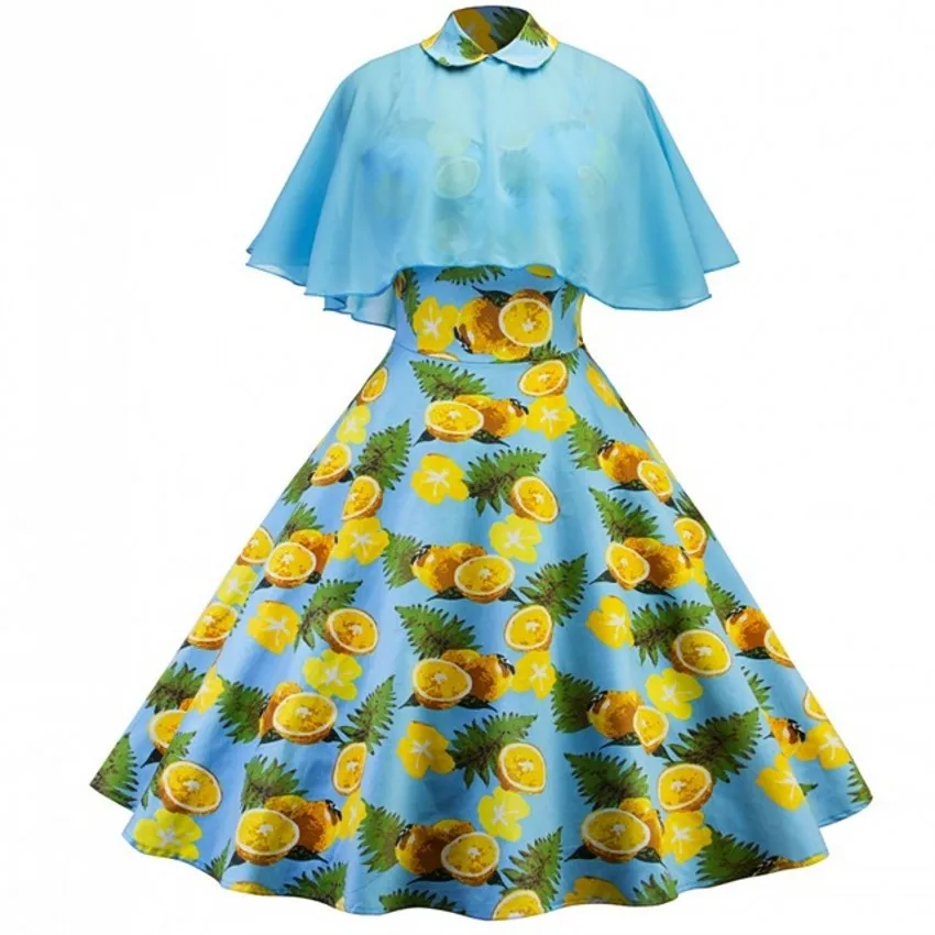 Comprare 1950 s Vintage 2 pezzo Set Vestiti 2018 Delle Donne di Stampa Limone Backless Della Rappezzatura Del Peter Pan Del Collare Una Linea di Abiti Eleganti
