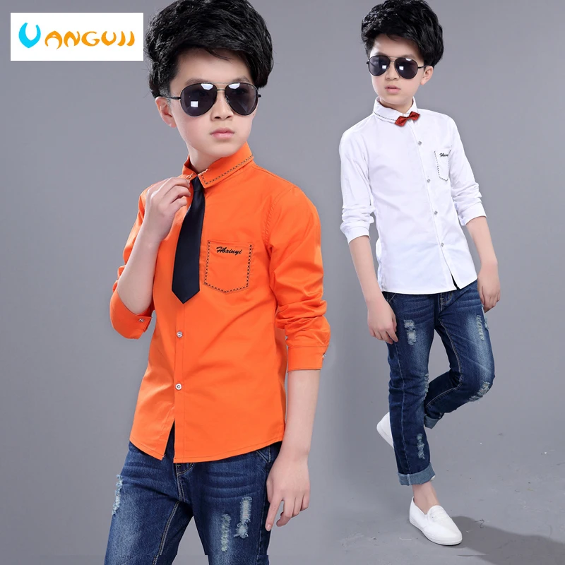 

boys shirts hot sale boys white shirt 5-15 years old solid full sleeve fashion wild Handsome gentleman Embroidery tie random