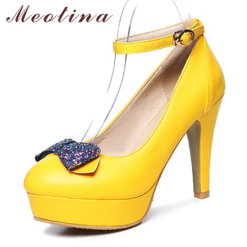 

Meotina Women Shoes Super High Heels Bow Ankle Strap Platform Thick Heel Pumps Buckle Party Shoes Lady Spring Yellow Big Size 46