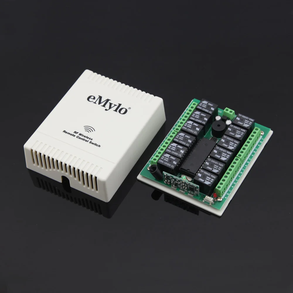 eMylo DC 12V 12-Ch RF 433Mhz Smart Wireless Remote Control Light Lamp Switch Grey&White 100M Transmitter Relay Receiver Switches