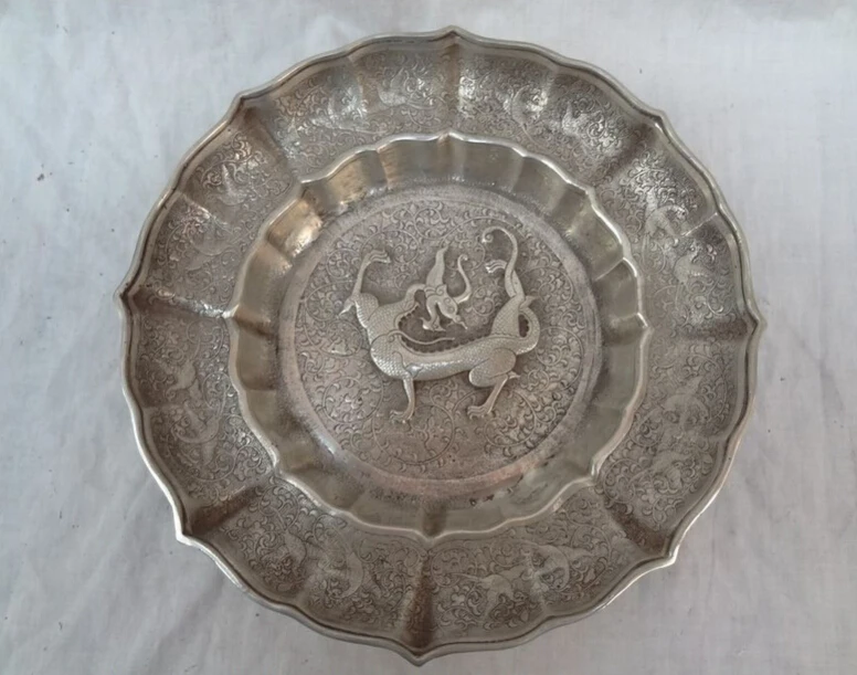 

S2363 12" Chinese Silver Palace Auspicious Wealth Dragon Statue Bronze Tray Dish Plate D0317