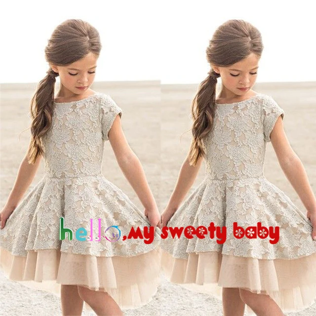 Cheap Custom Make Little Girls First Communion Dresses Crew Neckline Short Sleeve High Low Lace A Line Ivory Little Flower Girls Dress