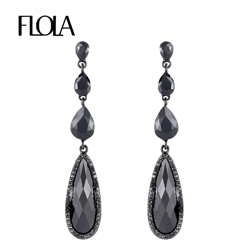 Женские серьги капли FLOLA готические длинные с черными кристаллами стразы
