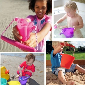 

Children Bath Toys Beach Bucket Silicone Folding Hand Bucket Children Baby Beach Sand Play Water Pour Toy Color Bucket