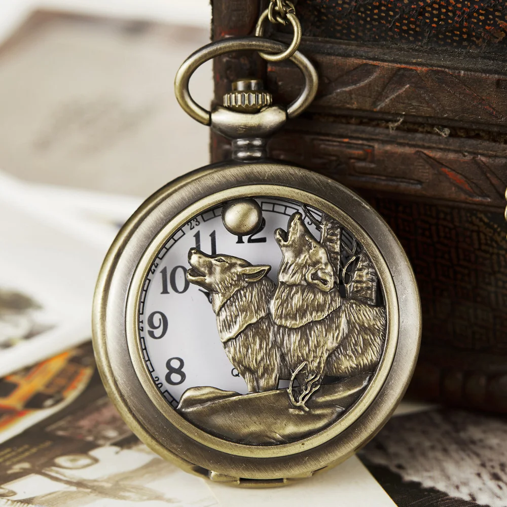 

Bronze Hollow Wolf Hound Dog Bronze Copper Retro Women Men Quartz Pocket Watch Pendant Necklace Chain Gift Relogio De Bolso