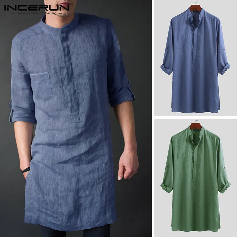 

INCERUN 2019 Men Long Sleeve Shirt Solid Color Stand Collar Loose Vintage Casual Tops Camisa Indian Kurta Suit Men Long Shirts