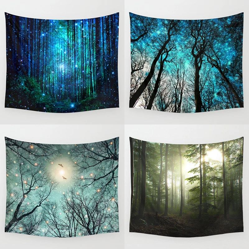 Kopen Psychedelische Bos Bomen en Sterren Tapestry Sterrenhemel Stof Muur Opknoping Decor Polyester Gordijnen Plus Tafel Cover Yoga