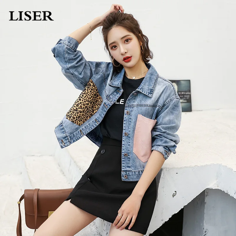 

LISER 2019 Spring Denim Jacket for Women Jeans Jacket Casual Pink Leopard Pocket Coats and Jackets Women
