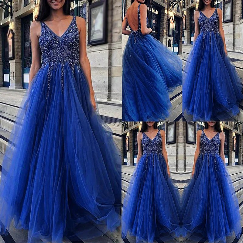 

Women's Sequins Backless Dress Tulle Maxi Gown V-neck Evening Party Wedding Sexy