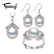 FENASY, натуральный жемчуг, ювелирный набор для женщин, богемный цветок, рубиновый кулон, ожерелье, 925 серебро, висячие серьги, коктейльное кольцо, 8-9 мм