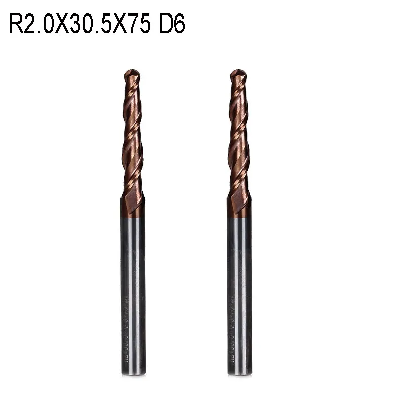 

2pcs R2*D6*30.5*75L*2F HRC55 Tungsten solid carbide Coated Tapered Ball Nose End Mills taper and cone endmills