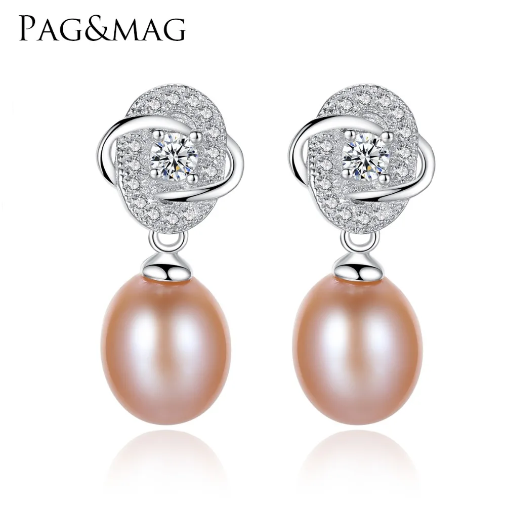 

PAG&MAG Vintage Flower Stud Earrings 925 Silver Tiny Cute White Pink Purple Natural Pearl Fashion Design For Girl Love Gift