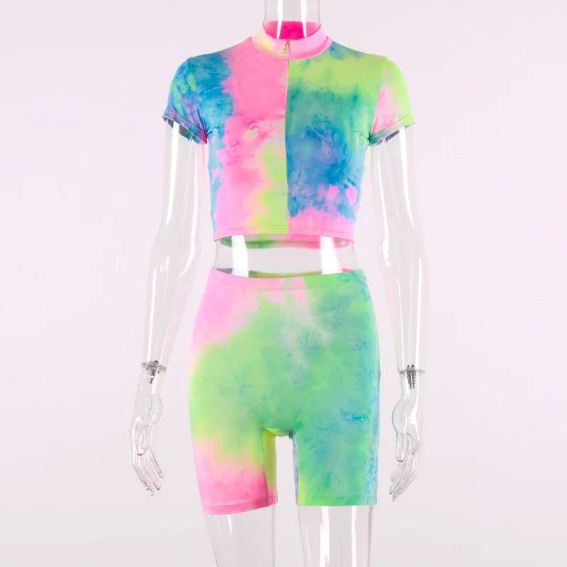 Hugcitar short sleeve crop tops shorts tie dye print colorful 2 piece set summer women fashion club streetwear sets