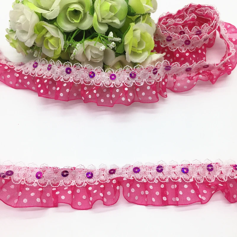 

5 yards 30mm Double Layer Printed Polka Dot Lace Pleated Trim Sequined Trim Handmade Patchwork Material Wedding Decoration Lace