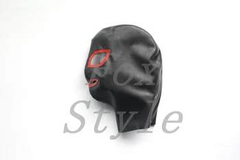 

Cross-dresser black latex mask with red trim
