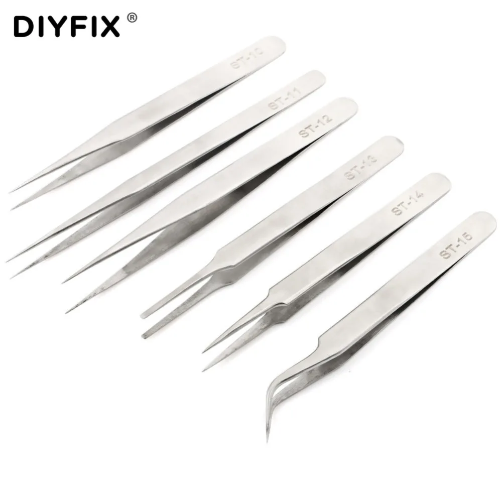 DIYFIX 6 in 1 Precision Electronic Tweezers Set Stainless Steel Anti-static Soldering Assist Repair Picking Mounting Tools Kit