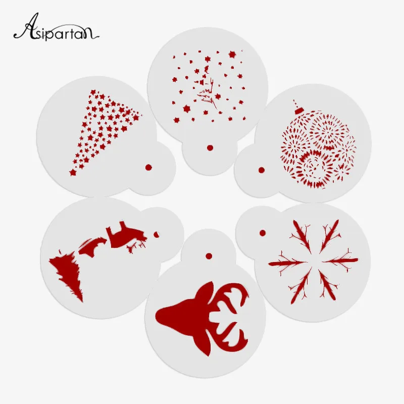 

Asipartan 6pcs/set Coffee Pull Flower Mold Plastic Moose Christmas Tree Other Christmas Series Pattern Coffee Pull Flower Mold