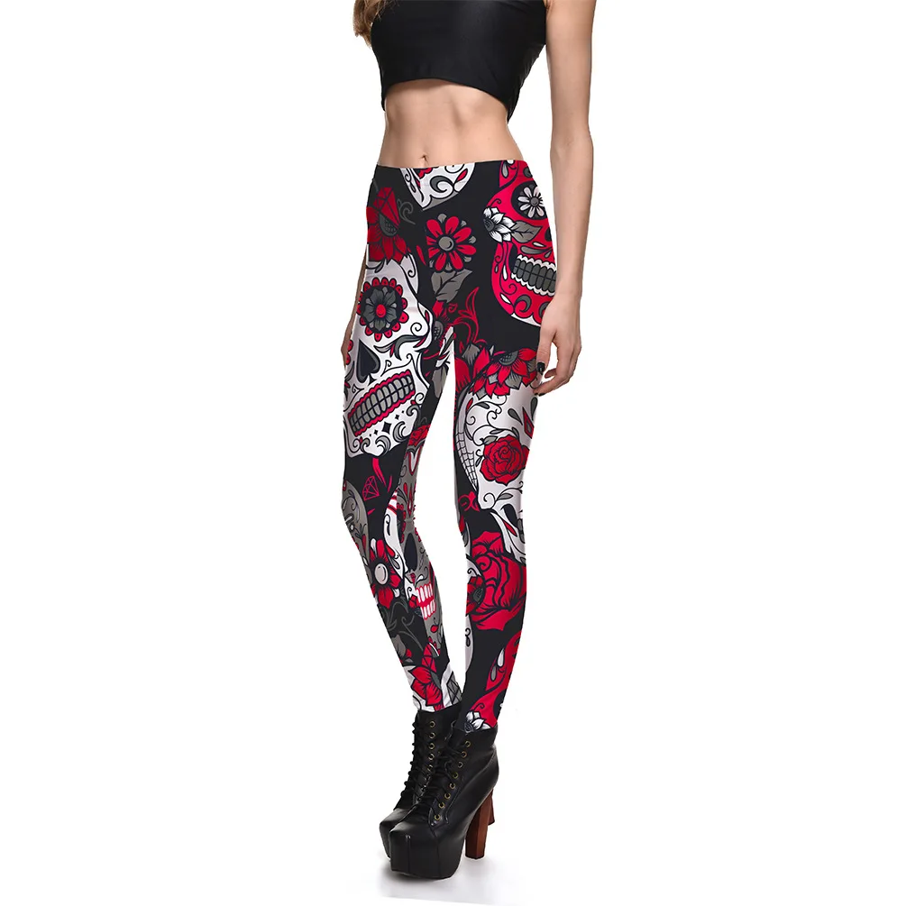 

Fashion Red And Rose Skull Leggings For Women Holiday Day Of The Dead Festival Leggings Halloween Leggings CS9151
