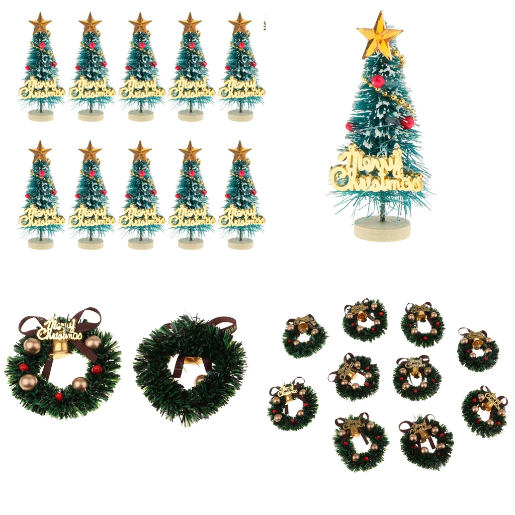 Pack of 20 Pieces Miniature Hanging Christmas Tree & Xmas Wreath Ornaments - Dollhouse Door Decor Kids Pretend Play Toy