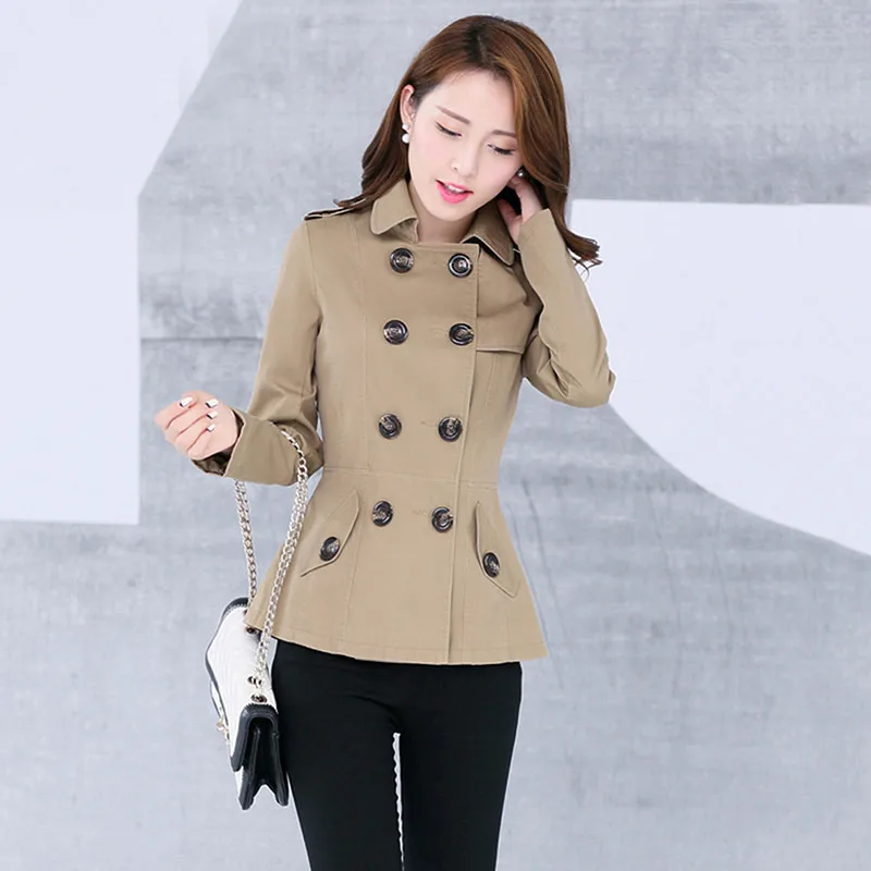 New Women's Trench Coat Autumn Spring 2023 Fashion Casual Slim Cotton Blends Coat Khaki Black Short Tops Outerwear Female