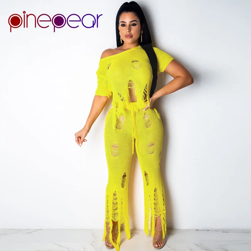 

PinePear Ripped Destroyed Knitted Bikini Set Cover Up Sweater Crop Top Pants 2 Piece Swimsuit Women Hole Swim Suit Dropshipping