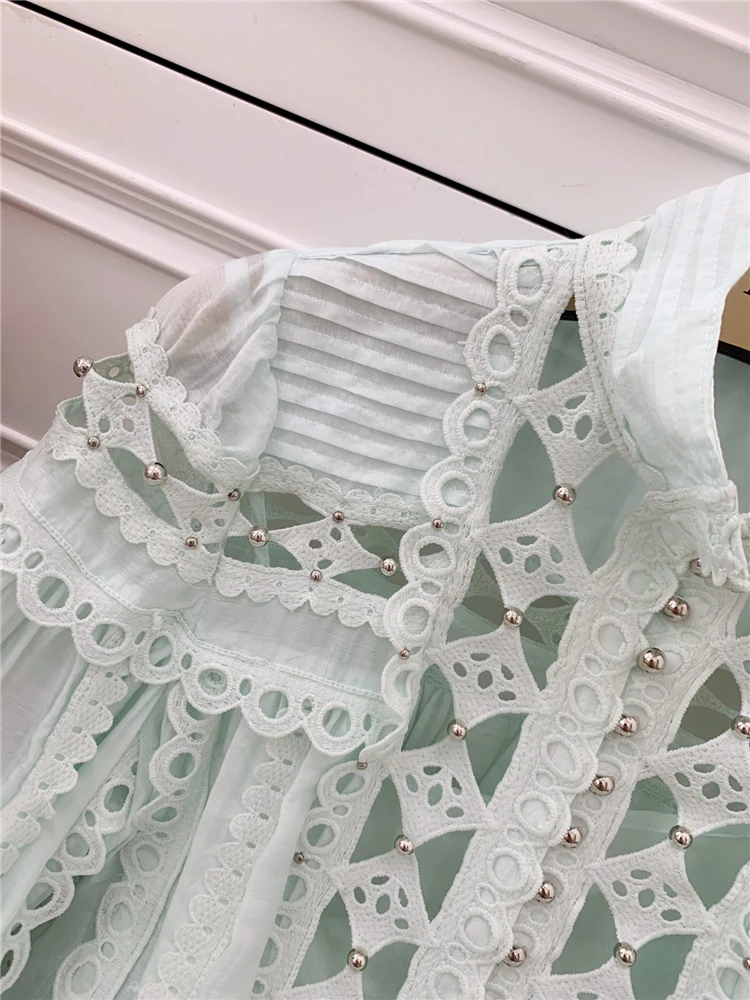 Truevoker Весенняя дизайнерская хлопковая блузка женская высокое качество Стенд воротник с пышными рукавами белая вышивка выдалбливают заклепки топ