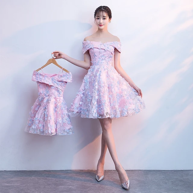 Mère fille robes de mariée rose bleu épaule dénudée maman