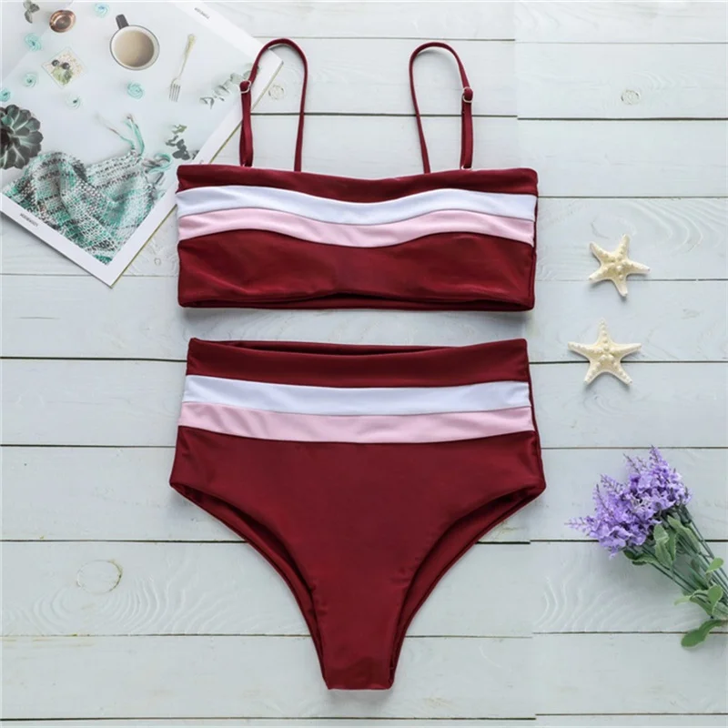 

Women Summer Patchwork Swimsuit High Waist Bandage Bikini Set Swim Biquini Swimwear Retro Vintage Sexy Top Bikinis Set Two Piece