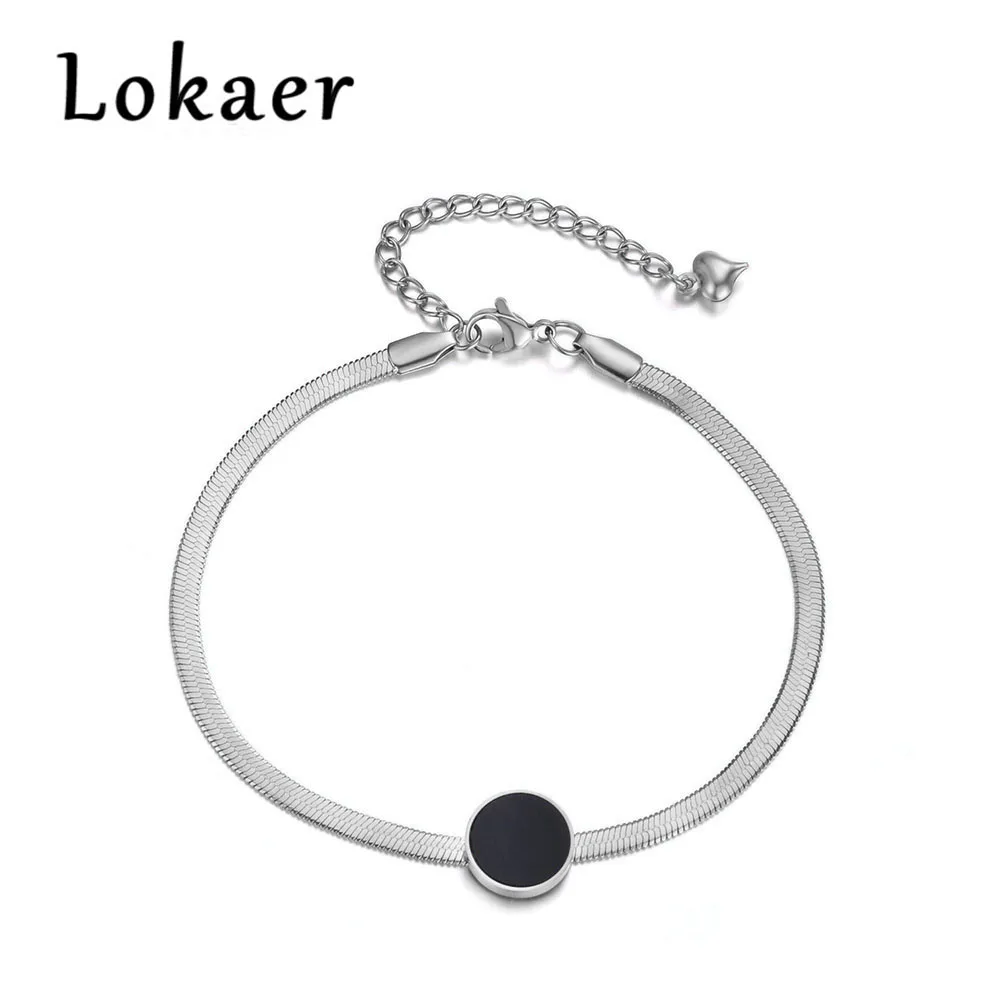 Lokaer, Классический круглый торт, Черная оболочка, цепочка и звенья, браслеты, ювелирные изделия, титановая сталь, браслет с подвесками для женщин, B18003