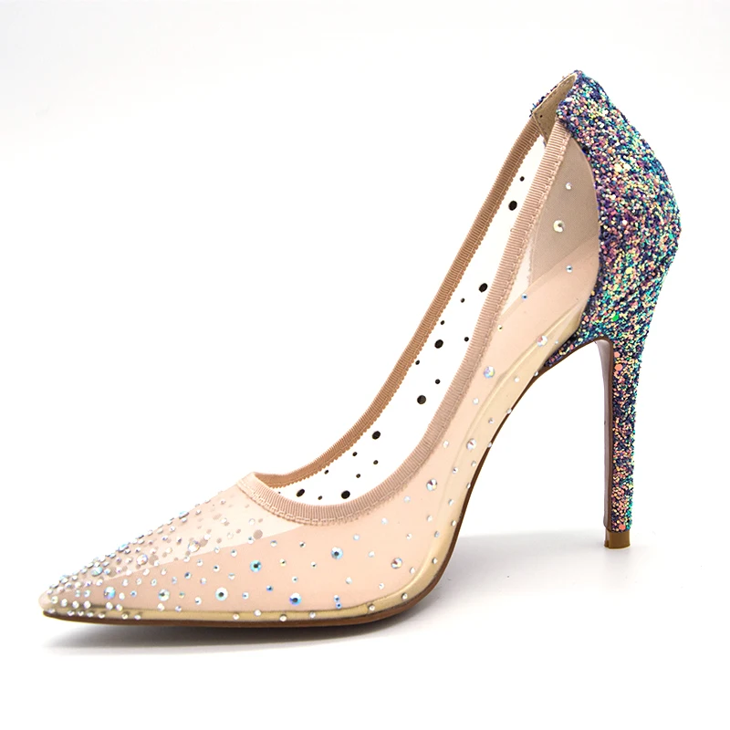 2018 summer bling bling Plus Size 34-43 High Quality Mesh Air Crystal Women Pumps Silver Glitter High Heels Woman Party Shoes