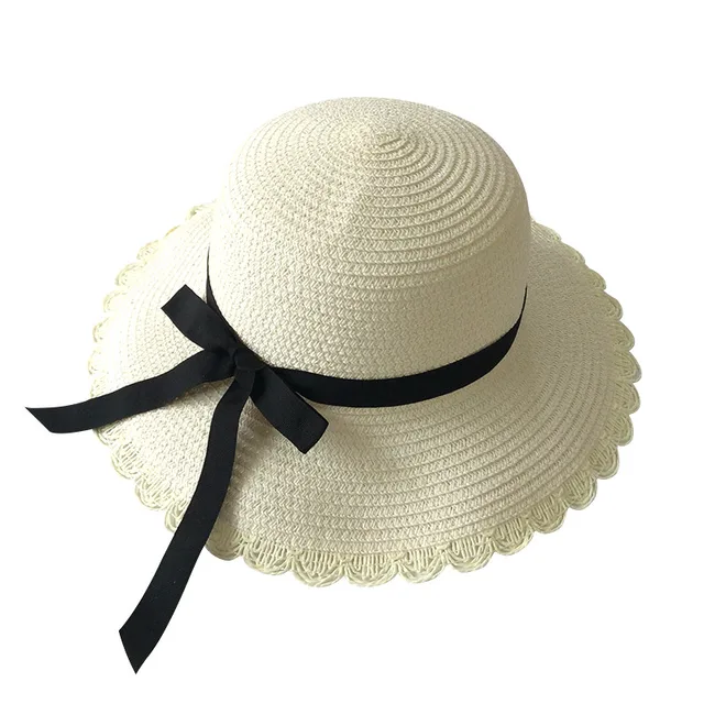 Girls Summer Cap Black Ribbon Decorate Wavy Straw Hat For Girls Children Panama Hat Kids Sun Cap Baby Beach Hats white