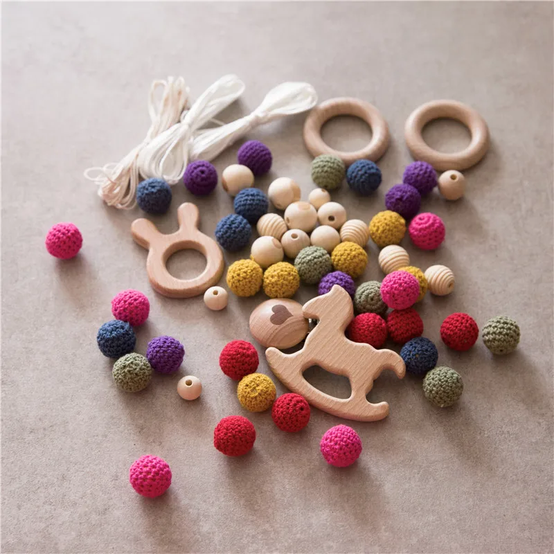 Combinação de Anel de Madeira do Bebê Contas de Crochê Brinquedos do Bebê Presente de Enfermagem Conjunto Pacote Mordedor Beads Faça Você Mesmo Jóias Hands-on Chupeta Clipe 1 5 1 conjunto Pacote Combinação de Anel De