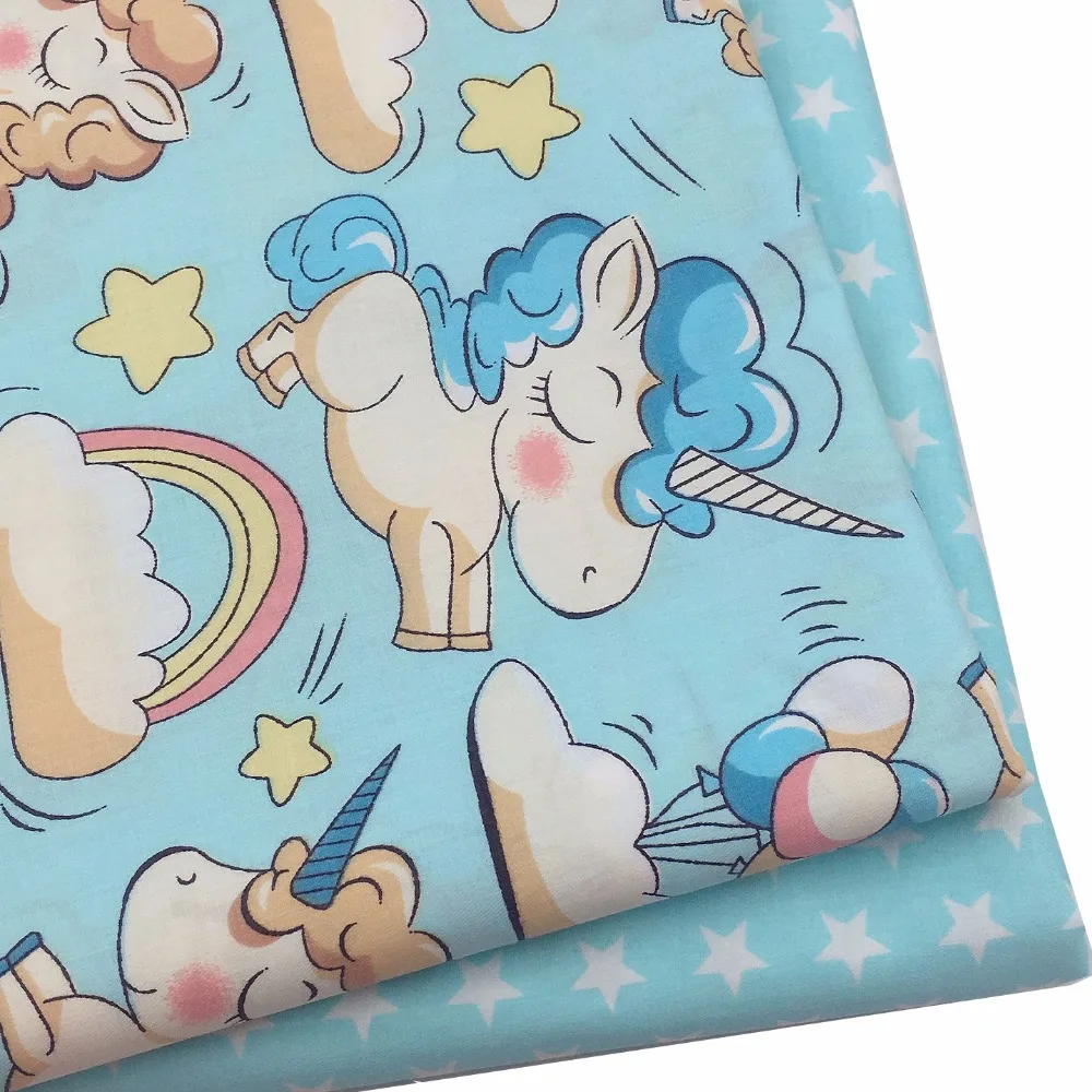 

Printed 100% Cotton Fabric Meters for Patchwork Quilting Baby Cribs Cushions Blanket Sewing Material Blue Cartoon Unicorn Stars