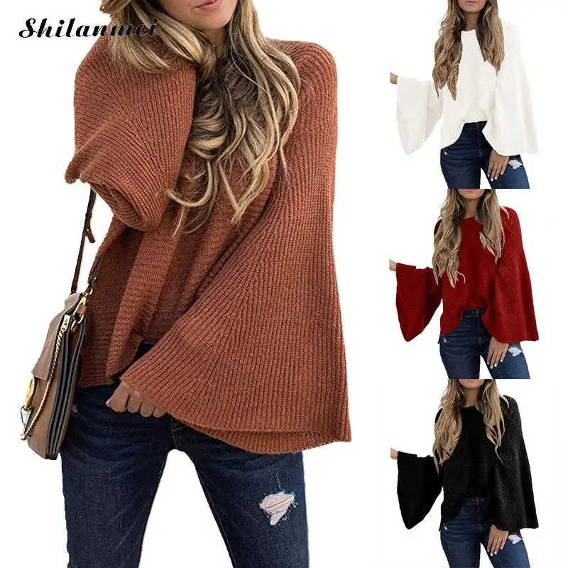 Sweater Women Winter Knitwear 2019 New Fashion Flare Sleeve Autumn Sweater Loose Causal Solid Jumper Pull Femme Sweater Outwear