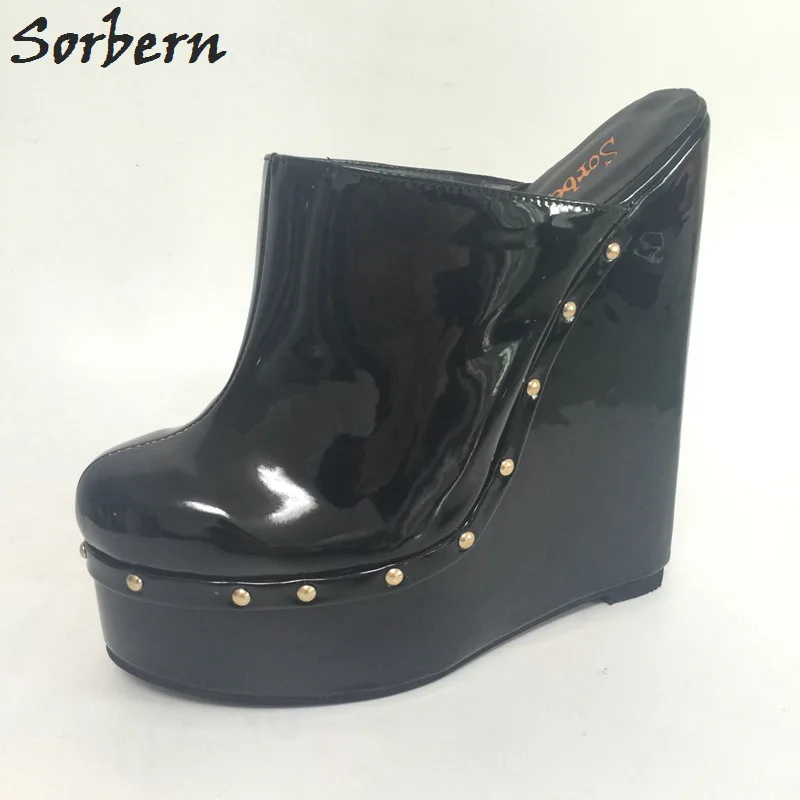 Sorbern Black 20Cm Wedge High Heels Pointed Toe Mules Warm Slip-On Pumps Wedges Shoes For Women'S Shoes Size 42 Patent Pu Custom