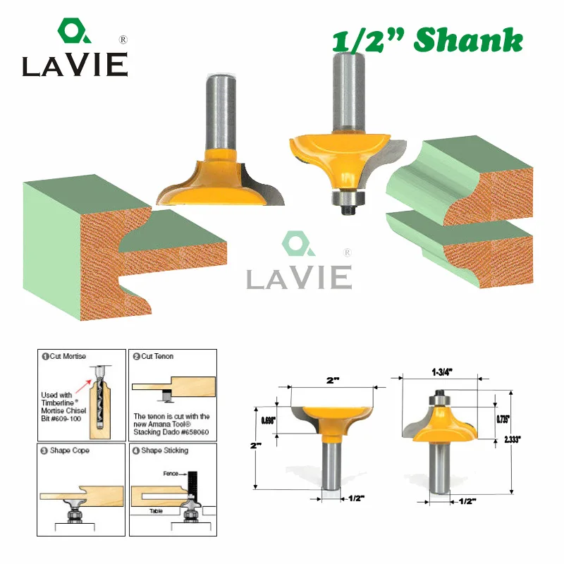 LAVIE 2PCS 12mm 1/2 Shank Entry Door Milling Cutters Long Tenons Router Bit Tenon Milling Cutter fo