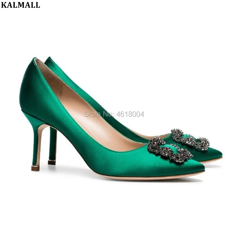 

KALMALL Plus size Bridal Wedding Shoes Crystal Silk High Heels Pointed Toe Diamonds Pumps Slip-on Sexy Party Heels Green Blue