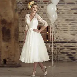 Vestidos De Novia Короткое свадебное платье с рукавами три четверти кружева Винтаж v-образным вырезом дешевые пляжные свадебные платья 2016 Casamento