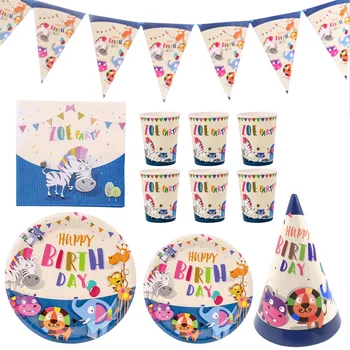 

Behogar 53pcs Animal Theme Birthday Party Decoration Supplies Kit Set Plate Cup Hat Triangular Flag Napkin for Baby Children Kid