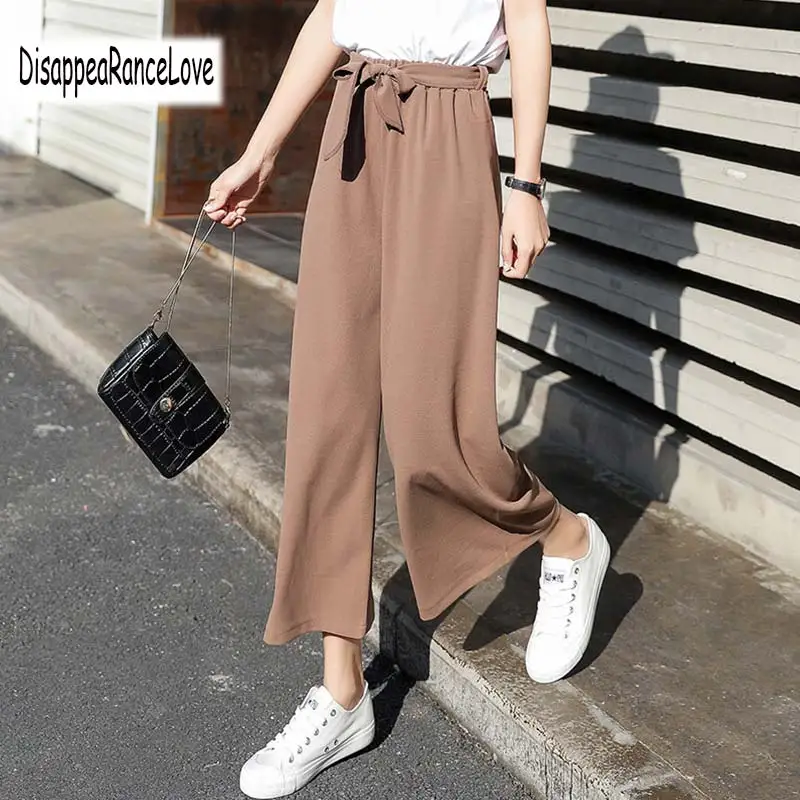 

Disappearancelove 2019 Women B Wide Leg Chiffon Pants High Waist Tie Waist Trousers Palazzo OL Pants Long Culottes Pants