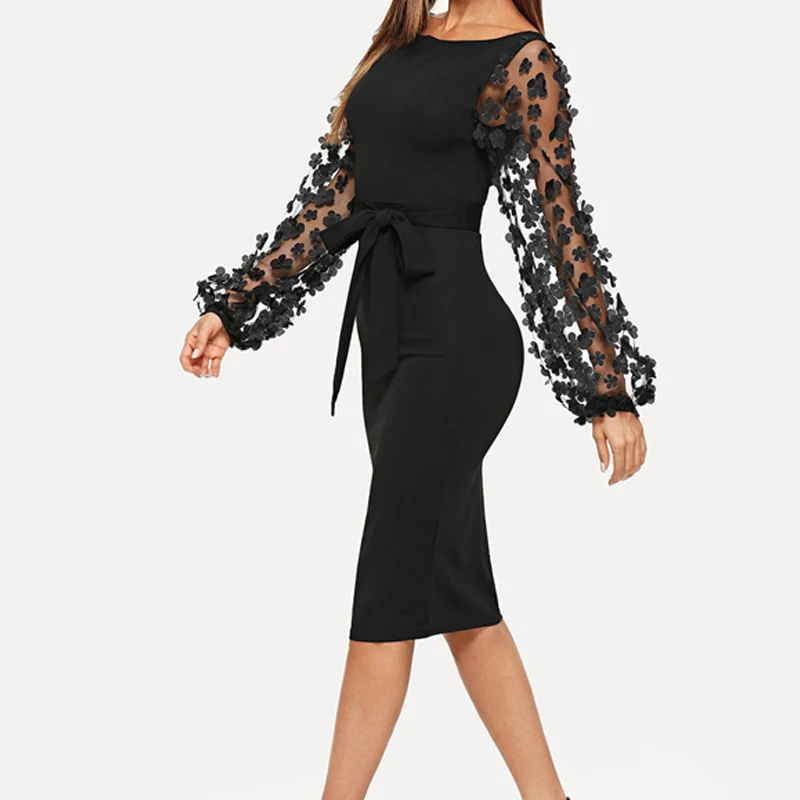 Черные вечерние платья с элегантной цветочной аппликацией, тонкое платье с контрастными сетчатыми рукавами, облегающее платье с поясом, Осеннее женское платье в уличном стиле