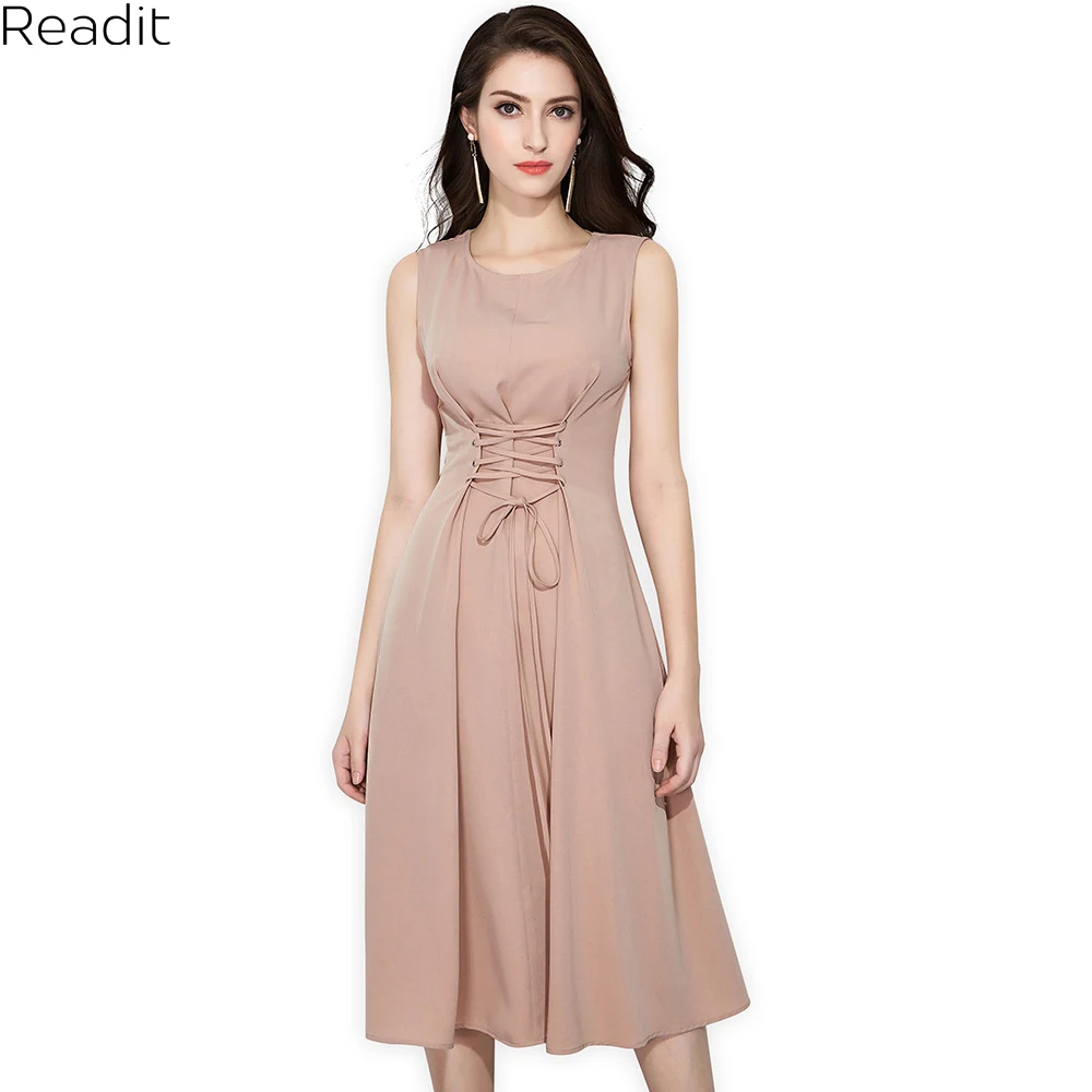 Readit Chiffon Dress 2018 Spring Woman Dress Pure Color O neck Elegant