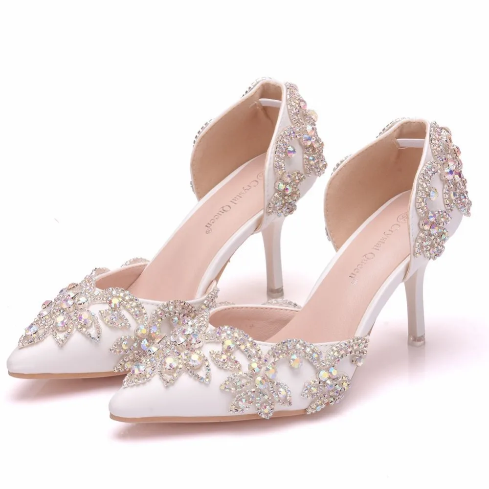 

8 cm pointed rhinestone wedding banquet shoes stiletto hollow white single shoes large size womens shoes elegant high heels
