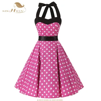 

SISHION Casual Cotton Dress Plus Size Lace Up Back Vintage Dress 50s Women Polka Dot Black Blue Pink Sexy Summer Dresses VD0527