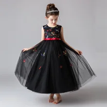 Черный вышивка Свадебная вечеринка длинное платье для девочек в цветочек принцессы вечерние первый Банкетный кампус Выпускной бальное платье