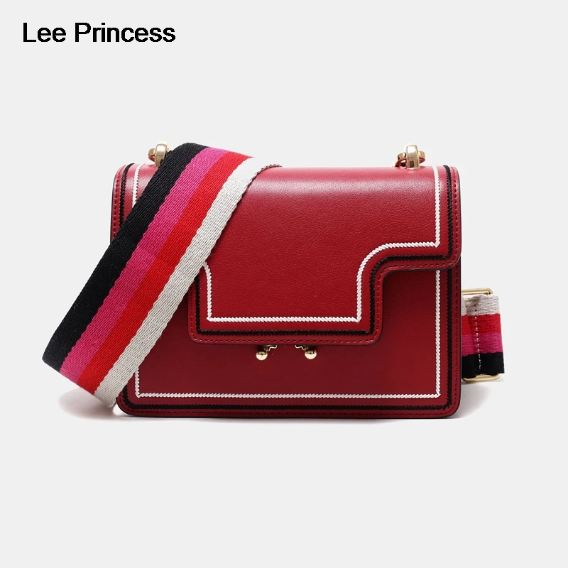 

LEE Princess Womens Shoulder Crossbody Bag Geometry Wide Strap Flap Split Leather Summer Fashion Design Female Messenger Bag